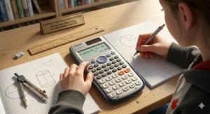A 4K photorealistic close-up of a student in a Canadian math classroom using a scientific calculator to add fractions, with bilingual English and French curriculum posters hanging in the background.