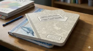 A photorealistic view of a wide-ruled notebook with a customized cover showing bilingual Canadian labels for "Name/Nom" and "Subject/Matière" and a maple leaf icon.