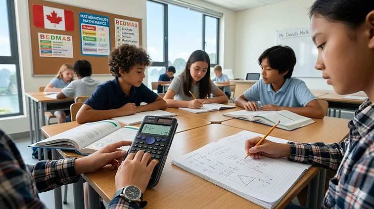 A candid, photorealistic 4K image of a group of Canadian Grade 6 students working collaboratively at a desk in a modern, naturally lit classroom. A student in the foreground uses a scientific calculator, displaying a math problem, alongside bilingual English-French curriculum materials and a Canadian flag poster. Ha Long Bay karsts are visible through the window. scientific calculator for grade 6 math