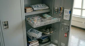 Complete school locker organization set for students.
