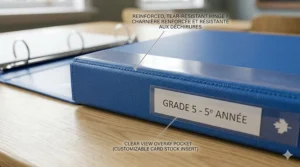 Close-up photorealistic illustration of the durable spine of a blue 3 ring binder for Grade 5, showing reinforced hinges and customizable clear view overlay with bilingual text.