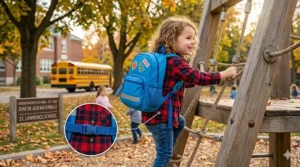 Illustration of a child playing on a playground wearing a secure, lightweight backpack that stays in place during active outdoor play.