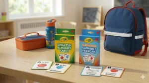 Colorful, heavy-duty pocket folders used to organize homework and notices for Canadian kindergarten students.