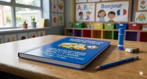 A durable, vibrant blue poly cover wide-ruled notebook designed for Grade 1 students, sitting on a wooden surface with a backpack and water bottle.