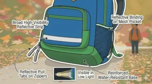 Illustration of a backpack with a reinforced rubber base designed for heavy use on Canadian school buses and playgrounds.