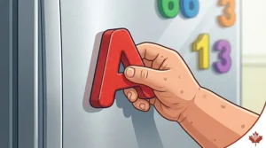 A toddler practicing fine motor skills by picking up a chunky, easy-grip magnetic letter from a magnetic letters and numbers set.