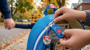 Detailed illustration of large, kid-friendly zippers on a lightweight backpack for kindergarteners to encourage independence.