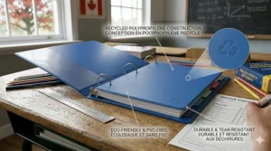 4K photorealistic technical illustration detailing the recycled polypropylene construction, PVC-free materials, and durable design of a sustainable 3 ring binder for a Canadian Grade 5 classroom under natural light, featuring bilingual call-outs.
