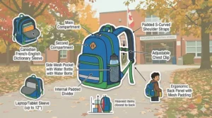 Diagram showing padded shoulder straps and chest clips on a backpack for Grade 2 students to ensure back safety.