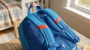 Close-up illustration showing the padded, breathable shoulder straps of a lightweight backpack designed for small Canadian children.
