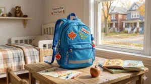 Illustration of a kindergarten student with a lightweight backpack standing in front of a Canadian school with English and French Welcome/Bienvenue signs.