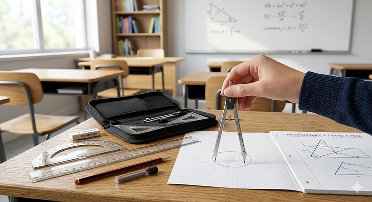 Complete geometry set for Grade 6 math curriculum, including protractor, compass, and ruler.