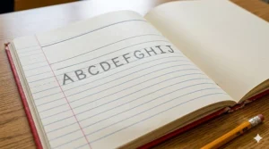 A close-up, high-detail view of an open wide-ruled page from a notebook, clearly showing the wide blue lines, the dotted midline, and the red margin to demonstrate the correct Grade 1 writing layout.