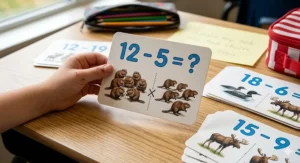 Colorful grade 2 subtraction flashcards featuring Canadian wildlife illustrations like beavers and loons for counting.