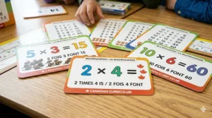 Grade 3 multiplication flashcards displayed on a wooden desk, focusing on the 2s, 5s, and 10s times tables.