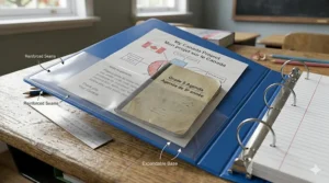 4K detailed photorealistic illustration of internal clear vinyl storage pockets on an open blue 3 ring binder for Grade 5, displaying a Canadian school project outline, student agenda, and parent notes in natural light.