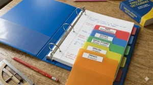 Overhead view of an open 3 ring binder for Grade 5, with multi-colored dividers labeled bilingually for Canadian school subjects like French, Math, and Science.