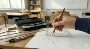 Geometry set tools arranged on a four-quadrant coordinate plane grid.