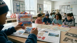 A student using glue sticks for school projects to create a Canadian history scrapbook with photos of iconic landmarks and the Maple Leaf flag.