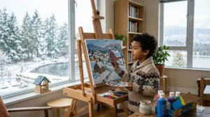 A young boy looking out a snowy window in Montreal while painting a colorful winter scene on an easel using a washable paint set for kids.