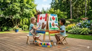 Two toddlers sitting on a wooden deck in a Toronto backyard, using a washable paint set for kids to colour reusable outdoor crafts.