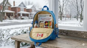Top-down view illustration of a lightweight backpack showing plenty of room for a lunchbox, water bottle, and a Canadian primary school planner.