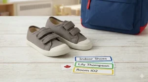 Illustration of non-marking indoor shoes and personalized name labels, a standard requirement for kindergarten classrooms across Canada.