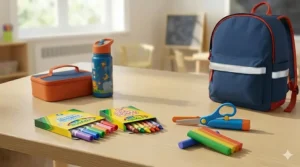 Blunt-tip safety scissors and easy-grip glue sticks, essential components of a complete kindergarten supply bundle.