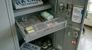 Small dry erase board for locker door interior.