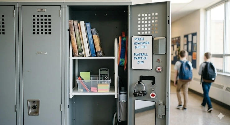 Organized middle school locker with shelving and hooks.
