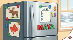 A Canadian home kitchen scene featuring a magnetic letters and numbers set used for family organization and preschool alphabet practice.