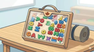 A portable, durable storage case filled with a complete magnetic letters and numbers set for easy cleanup and travel.