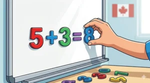 A close-up of a child using a magnetic numbers set to solve a math equation, focusing on early STEM development.