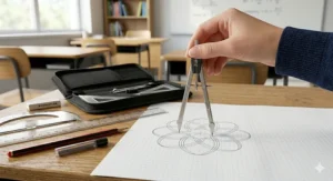 Student using a geometry compass to draw a perfect circle for a math project.