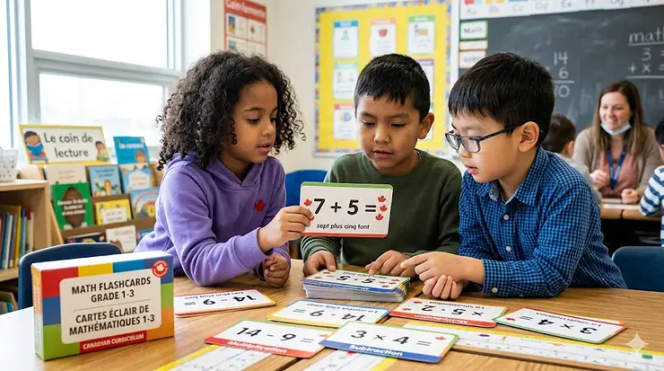 A diverse group of Canadian primary students using colorful math flashcards for grades 1-3 in a bright classroom setting.