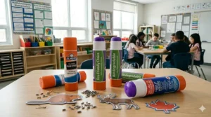 Non-toxic, washable purple glue sticks for school projects, highlighting acid-free and solvent-free features safe for Canadian classrooms.