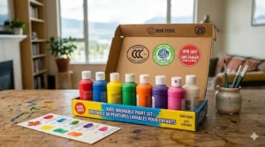 An illustration of a child-safe, non-toxic washable paint set for kids featuring clear labels for skin-safe, water-based ingredients.