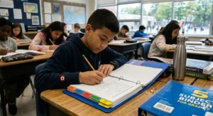 Student taking notes in a 5 subject binder for grade 7 subjects. / Élève prenant des notes dans un classeur 5 matières pour les cours de 7e année.