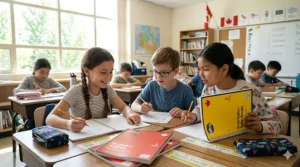 Diverse group of Grade 5 students using notebooks in class.