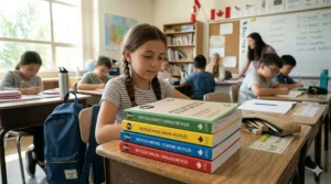 Stack of eco-friendly notebooks for Grade 5 students on a desk.