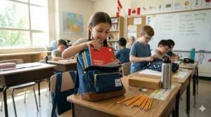 Grade 5 student organizing notebooks and school stationery.