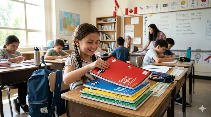 Grade 5 student with colorful notebooks in a Canadian classroom.