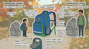 A close-up of a backpack name tag with "This bag belongs to / Ce sac appartient à" text for Canadian bilingual schools.