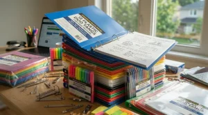 Plastic duo tangs neatly labelled for French and English subjects, perfect for bilingual Canadian school settings.