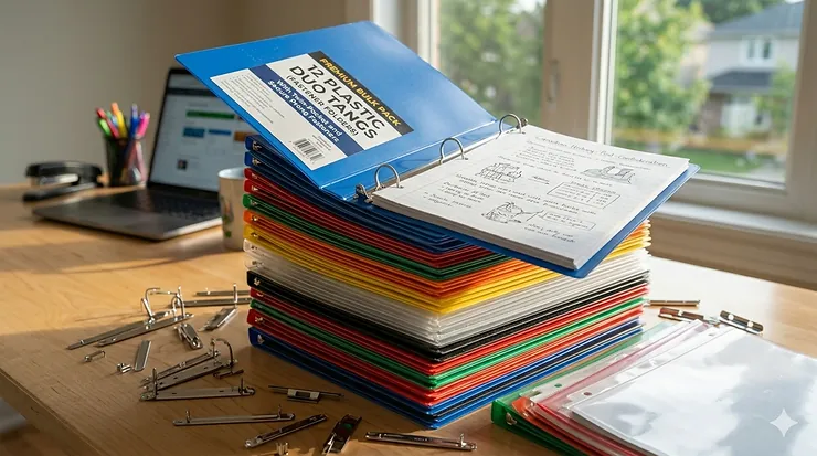A bulk pack of assorted plastic duo tangs with fasteners, essential school supplies for Canadian students from elementary to secondary school. plastic duo tangs bulk pack