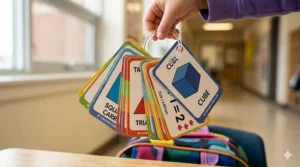 A set of math flashcards for grades 1-3 held together by a plastic ring, perfect for Canadian families on the go.