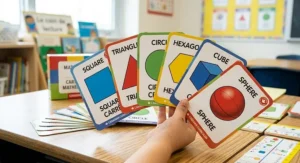 Educational flashcards for grades 1-3 illustrating basic geometric shapes like squares, triangles, and hexagons.