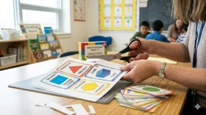 A digital mockup of printable math flashcards for grades 1-3 being cut out by a teacher for a classroom activity.