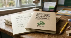 An eco-friendly, recycled paper wide-ruled notebook for Grade 1, featuring a green maple leaf and "100% Recycled" text on the simple cover, promoting sustainability in Canadian schools.