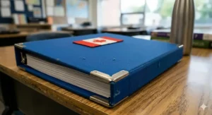 Grade 7 desk setup featuring a 5 subject binder and supplies. / Bureau de 7e année avec un classeur 5 matières et fournitures scolaires.